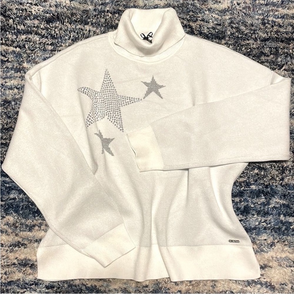 DKNY y2k snow white turtleneck metallic beaded silver star oversized sweater